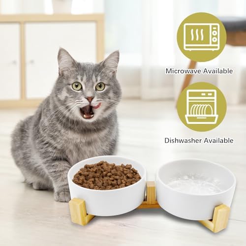 Ceramic Cat Bowls with Bamboo Stand,Non-Slip Small Dog Food and Water Bowl Set Non-Spill Cats Feeder Dish Modern Cute Weighted Cat Dishes for Small Dogs Puppy Cats Kitten(White) - Image 5