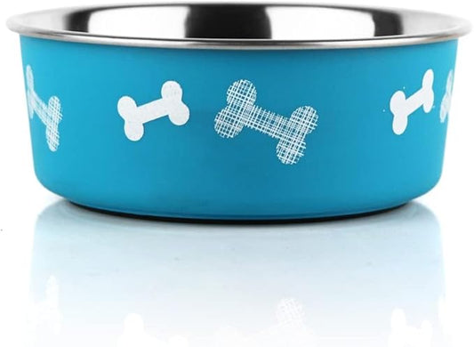 Printed Teal Blue Stainless Steel Dog Bowl with Anti-Skid Base, 15.89 oz | Food & Water Bowl for Small Dogs, Puppies & Cats, Durable Metal Pet Bowl