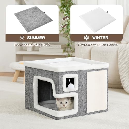 Cat Houses for Indoor Cats, Covered Cave Bed with Scratch Pad and Fluffy Ball, Foldable Cat Hideaway Condo for Large Cats, Modern Kitten Bed,16.5x16.5x13 inches (Grey, Large) - Image 3