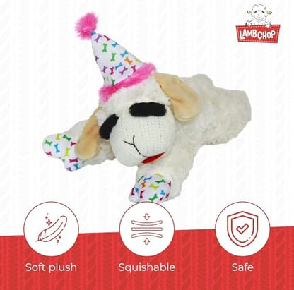 Multipet Lamb Chop Dog Plush Toy w/Birthday Hat - Squeaky Toy for All Dogs - Soft Plush - Stuffed Animal Dog Toys for Playing - Cute Birthday Toy (10.5”, Pink Hat, 5 Squeakers) - Image 3
