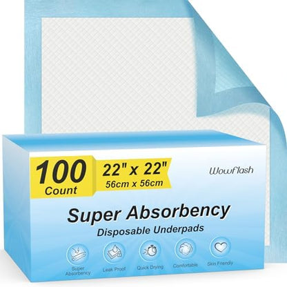 100 Count 22” x 22” Super Absorbency Disposable Underpads by Wowflash