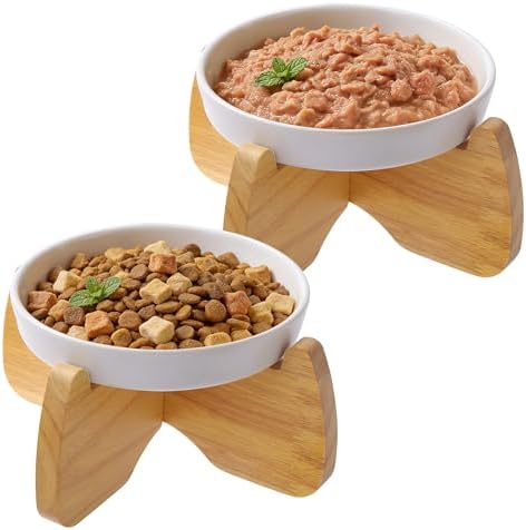 Raised Ceramic Cat Bowl 6.3" Wide Shallow Flat Bottom (2 Pack) by GUWINA