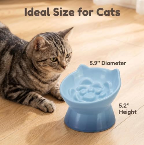 3Pcs Ceramic Cat Slow Feeder with Spoon, Raised Slow Feeder Cat Bowl, Raised Puzzle Feeder, Elevated Food Bowl, Anti Vomiting and Whisker Friendly, Non-Toxic (Blue) - Image 2