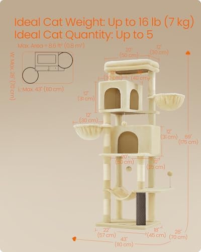 Feandrea Cat Tree, 69-in Large Cat Tower, Multi-Level Condo, Sand Beige - Image 5