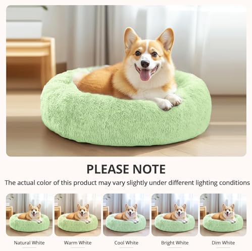 JOLLYVOGUE Calming Dog Bed for Small Dogs - 23 inches Donut Washable Small Dog Bed for Kittens & Puppies, Anti-Slip Round Fluffy Plush Faux Fur Cat Beds (Fits up to 25 lbs Pets, Light Green) - Image 6