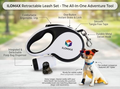 ILOMAX 360° Tangle-Free Retractable Dog Leash Built-in Waste Bag Dispenser Under Handle 2 Rolls Poop Bags Included Heavy Duty Tape Leash for Dogs up to 50kg Carry Pouch Included (White, XL) - Image 4