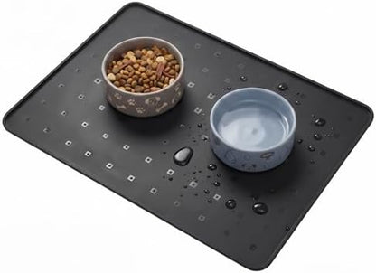 Silicone Pet Feeding Mat, 26x18 Inch Waterproof Dog Bowl Mat – Non-Slip, Machine Washable, Thin 0.23 Inch Edge for Messy Eaters, Protects Hardwood & Tile Floors, Black by TCULOSD