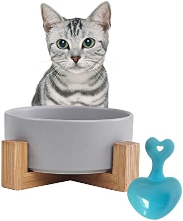 Ceramic Dog Cat Bowl with Wood Stand,Cat Food & Water Bowls Elevated Non-Spill Modern Cute Kitty Dishes Heavy Weighted Round Pet Dishes Set for Small Kitten Grown Cat(Grey) by MUYG