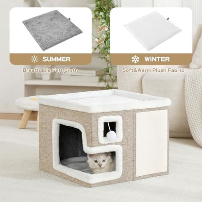 Cat Houses for Indoor Cats, Covered Cat Cave Bed with Scratch Pad and Fluffy Ball, Foldable Cat Hideaway Condo for Large Cats, Modern Kitten Bed,16.5x16.5x13 inches (Khaki‌, L) - Image 3