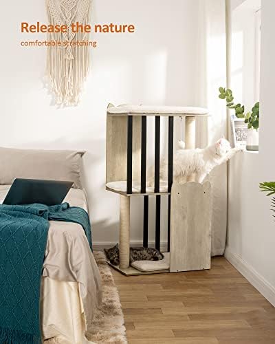 FourFurPets 43.8in 3-Tier Modern Cat Tree Tower Condo, Cat Scratch Posts for Indoor Cats, Big Plate, Two 19.7in Full Sisal Scratching Posts, Greige - Image 3