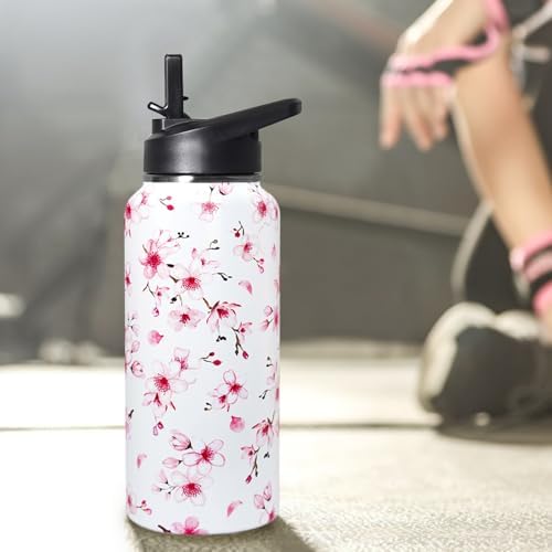 32oz Cherry Blossoms Flip Stainless Insulated Aater Water Bottle with Straw,Pink Cherry Blossoms Floral Gym Hiking Sports Coffee Mug Cup Water Bottles,Cherry Blossoms Decor Stuff Accessories - Image 6