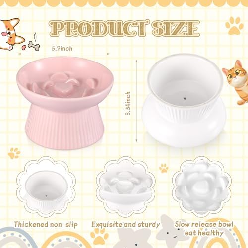 Layhit 2 Pack Raised Slow Feeder Cat Bowls Ceramic Elevated Cat Food Bowls Anti Vomiting Slow Feeder for Dog and Kitten for Dry and Wet Food(Pink, White) - Image 2