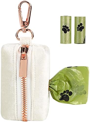 ARING PET Velvet Dog Waste Bag Holder, White Doggy Poop Bags Dispenser Attach to Any Leashes, Portable Washable Pet Waste Pouch Dispenser with Metal Zipper by ARINGPET