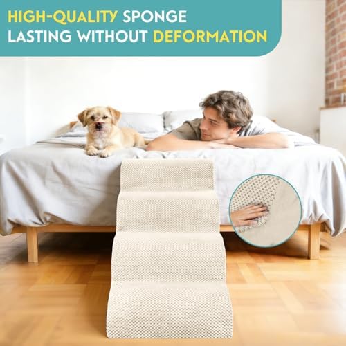 Dog Stairs for Small Dogs, Pet Stairs Steps Ramp for Puppy, Older Cat, Stairs with Whole High Density Foam, Corduroy Fabric, Non-Slip Bottom Dog Steps for Bed and Couch (Beige, 4-Step (H: 19.7IN)) - Image 6