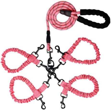 Dog Double Leashes,Rope Bungee Four Leash with Padded Handle Removable for 4 Dogs,Tangle-Free, Padded Handles, 360° Swivel Control (Pink, 4 Way) by Y-ANNJYA