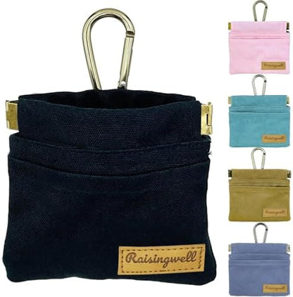 Raisingwell Dog Treat Pouch, Black Pocket Sized Pet Training Pouch, Cotton Fabric, Hand Free Dog Walking Bag with Carabiner, Self-Closing Pet Feed Snack Reward, for Pet Puppy Travel or Outdoor Use by Raisingwell