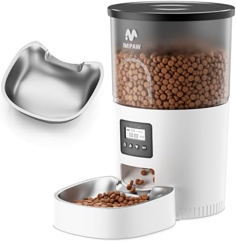 IMIPAW Automatic Cat Feeder, 3L Timed Pet Dry Food Dispenser with Clog-Free Design, Auto Feeder for Cats, 1-6 Meals Per Day, Desiccant Bags, with Stainless Steel by IMIPAW