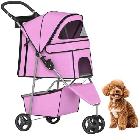 BestPet | 3-Wheel Pet Stroller | Pink | Foldable Dog and Cat Stroller by BestPet