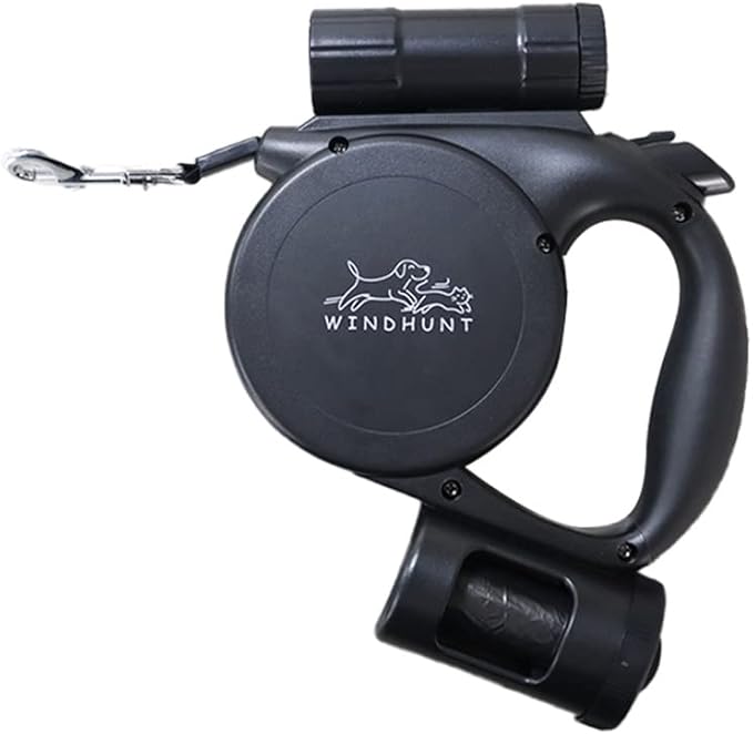 360° Tangle-Free Retractable Dog Leash with Flashlight, Dispenser and Poop Bag Heavy-Duty Nylon Tape for Small, Medium Dogs and Cats One-Handed Brake and Lock, Black