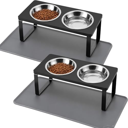 Summark 2Pack Elevated Cat Bowls with Food Mat,15°Tilted Stand Anti Vomiting Raised Cat Dishes for Food and Water,2 Stainless Steel Bowls for Cats and Puppy,Black by Summark
