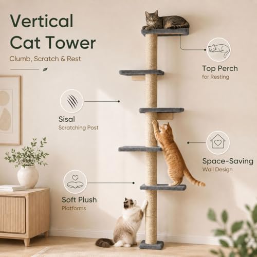 80-Inch Wall-Mounted Cat Tree with Scratching Post & 5 Perches - Image 2
