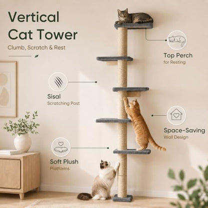 80-Inch Wall-Mounted Cat Tree with Scratching Post & 5 Perches - Image 2