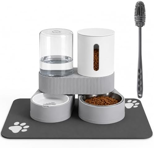 Gravity Cat Feeder 2 Pack Automatic Food Feeder and Water Dispenser Set Detachable Pet Bowl with Silicone Mat and Brush for Cats Small Medium Dogs, Large Capacity(Grey) by ZBIAOJNU