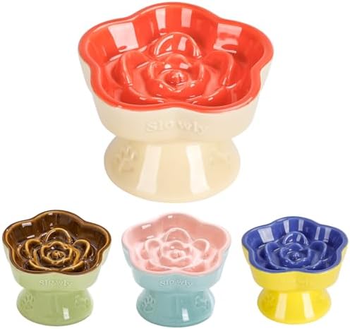 S&Q's CERAMICS Raised Slow Feeder Cat Bowl, Ceramic Glass Elevated Pet Food Bowl Small Dogs Slow Feeder, Flower Shaped Cute Dish for Dry and Wet Food (Orange, 5.8") by SQsCeramics