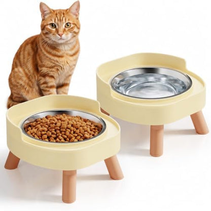 Elevated Cat Bowls, 2P Raised Cat Food and Water Bowl Set for Indoor Cats, Splash Proof with 2 Stainless Steel Pet Food Bowls for Cats ＆ Puppies, Whisker Friendly and Dishwasher Safe - Yellow by HIAIEVIY