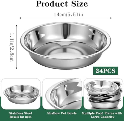 24 Pcs Stainless Steel Cat Bowls, Shallow Wide Dog Plates for Food - 5.5 Inch Metal Pet Dishes Whisker Fatigue Relief Replacement for Small Animals (Silver) - Image 2