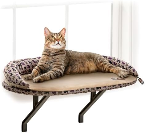 K&H Cat Window Perch, Deluxe Bolster Kitty Sill, 24x14in, Tan/Kitty Print by KHPetProducts
