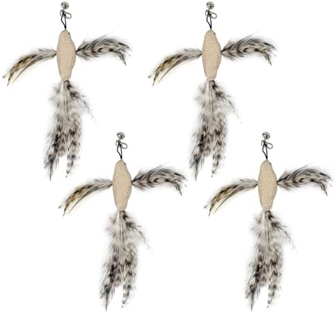 TTcat 4 Pack Linen Bird Cat Wand Refills, Natural Feather Detachable Replacement Toy Heads with Bell, Universal Lobster Clip-on Cat Teaser Attachments, Indoor Kitten Hunting Boredom Relief Prey Toy. by TTCAT