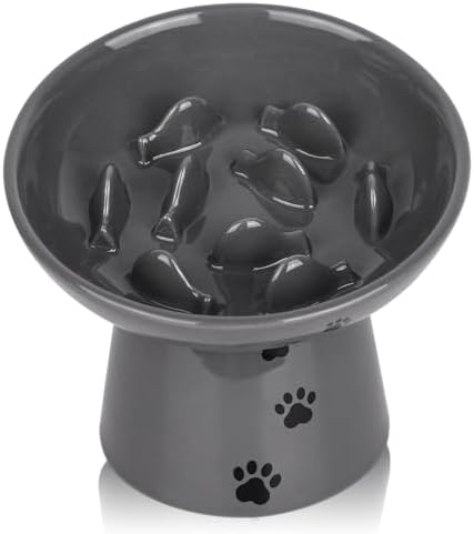 Y YHY Slow Feeder Cat Bowl, Ceramic Cat Slow Feeder Bowl, 6 Inches, Elevated, Anti Vomiting for Dry and Wet Food, Gray by YYHY
