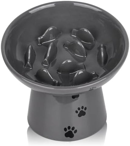 Y YHY Slow Feeder Cat Bowl, Ceramic Cat Slow Feeder Bowl, 6 Inches, Elevated, Anti Vomiting for Dry and Wet Food, Gray by YYHY