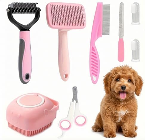 Haminway 8-Piece Dog Grooming Kit – Pink | Pet Brush Set for Shedding, Dematting, Nail Clipping & Bathing | Ideal for Small & Medium Dogs by WhereStyleMeetsControl%E2%80%94HamInWayLeashesHarnesses