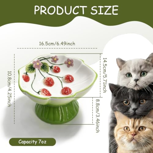 Ceramic Strawberry Elevated Cat Bowls, Tilted Raised Pet Dish for Anti Vomit, Spine Protection, Whisker Friendly - Excellent Raised Food and Water Bowl for Indoor Cats, Flat-Faced Cats (Green) - Image 2