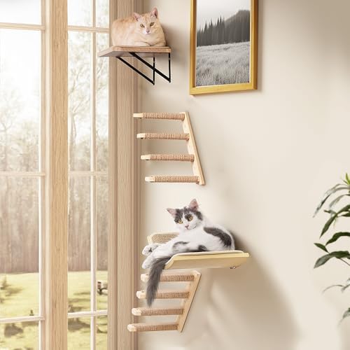 Cat Wall Shelves Set with Sisal Cats Stairs, 4 Piece Wooden Climbing Furniture with Scratchable Curved Bed, Flat Shelf & 2 Cat Wall 4-Steps Ladders - Image 6