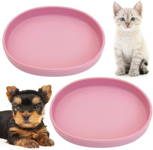 Fhiny 2 PCS Silicone Cat Food Bowls Shallow Dog Bowl 7" Non-Slip Pet Feeding Dishes for Dry and Wet Food Whisker Fatigue Cat Plates for Kitten Puppy and Small Pets (Pink) by Fhiny