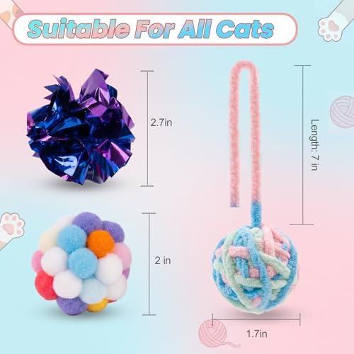 9 Pack Cat Toy Balls for Indoor Cats, Pom Pom Fuzzy Balls with Bells, Wool Yarn Toy with String, Mylar Crinkle Balls Interactive Kitten Toys for Indoor Cats Chase and Play Keep Busy Stress Relief - Image 5