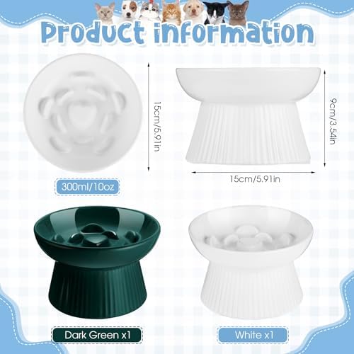 Tioncy 2 Pcs Ceramic Elevated Slow Feeder Cat Bowl, Dark Green, White - Image 2