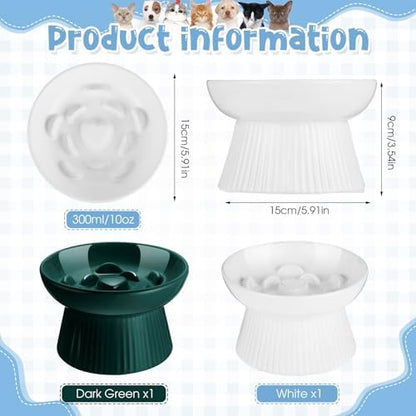 Tioncy 2 Pcs Ceramic Elevated Slow Feeder Cat Bowl, Dark Green, White - Image 2