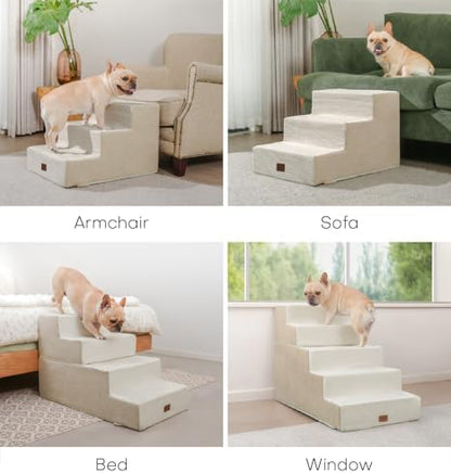 ABCPET Dog Stairs for High Bed, Dog Steps for Bed Couch Sofa, 35D Foam Extra Wide Pet Steps for Small Dogs and Cats, Pet Stairs with Non-Slip Bottom Beige, 4 Steps - Image 4