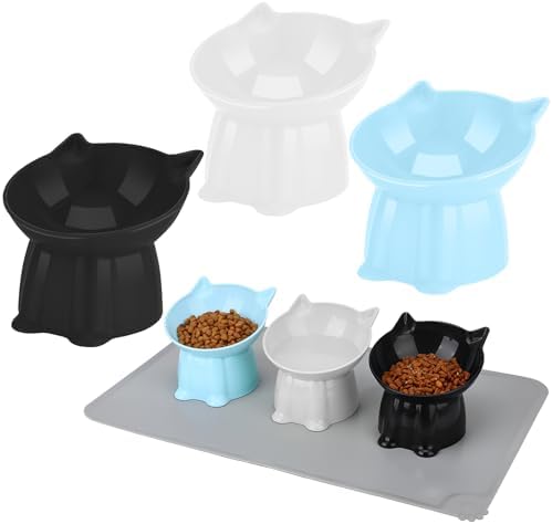 3 Pcs Elevated Cat Bowls 15°Raised Cat Food Bowl with Silicone Mat Blue by Hoemwarm