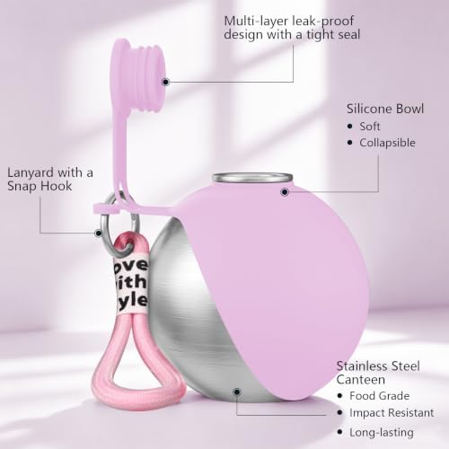 2 in 1 Dog Water Bottle with Bowl, 10oz Stainless Steel - Pink - Image 5