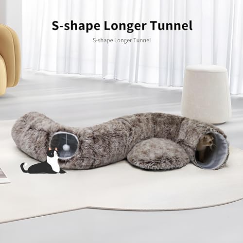 Cat Tunnel Bed for Indoor Cats with Washable Cushion Cat Cave Donut Tunnel with Fluffy Ball Big Round Tube Pet Playground Toys Soft Plush Peekaboo for Kitten, Cat, Puppy, Rabbit, Ferret（Brown） - Image 2