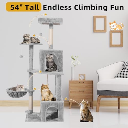 54inch Large Cat Tree Tower Condo with Hammock for Indoor Cats, Soft Plush Multi-Level Climbing Tree Cat House with Cat Cave, Scratching Post, Sisal Rope, Light Grey - Image 6