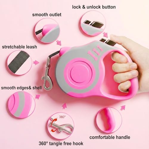 Retractable Dog Leash Lightweight 10/16FT Leash with Non-Slip Handle, for Small Medium Dogs (Gray Pink, 16 FT) - Image 3