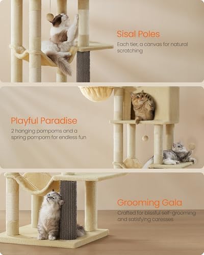 Feandrea Cat Tree, 69-in Large Cat Tower, Multi-Level Condo, Sand Beige - Image 6