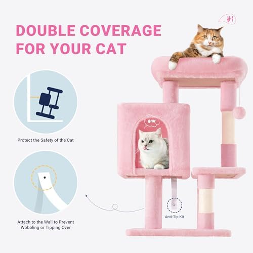 Allewie 29 Inches Cat Tree Tower/Plush Perches Platform/Condo/House/Sisal Scratching Posts/Multi-Level Activity Center Furniture for Kittens/Pink - Image 3