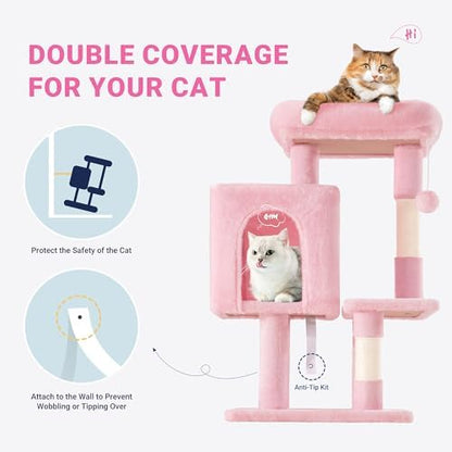 Allewie 29 Inches Cat Tree Tower/Plush Perches Platform/Condo/House/Sisal Scratching Posts/Multi-Level Activity Center Furniture for Kittens/Pink - Image 3